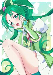  arm_warmers bike_shorts_under_skirt brooch butterfly_brooch butterfly_hair_ornament cure_mint female green_background green_eyes green_theme hair_ornament highres jewelry long_hair looking_at_viewer magical_girl mikorin open_mouth precure puffy_short_sleeves puffy_sleeves short_sleeves skirt smile yes!_precure_5 yes!_precure_5_gogo! 