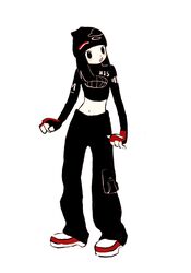  :o black_hair black_hat black_pants black_shirt cargo_pants crop_top female fingerless_gloves gloves hanni_(newjeans) hat highres iwashi_iwashimo k-pop looking_to_the_side midriff navel newjeans open_mouth pants real_life red_gloves shirt shoes simple_background sneakers solo white_background white_footwear 