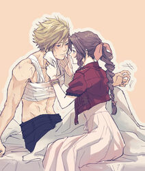  1boy absurdres aerith_gainsborough bandaged_chest bangle bed_sheet belt blonde_hair blue_eyes blue_pants bracelet braid braided_ponytail brown_hair cloud_strife cropped_jacket demi_co dress female final_fantasy final_fantasy_vii final_fantasy_vii_rebirth final_fantasy_vii_remake green_eyes hair_between_eyes hair_ribbon highres hover_hand jacket jewelry light_blush long_dress long_hair looking_at_another multiple_belts on_bed pants parted_bangs parted_lips pink_background pink_dress pink_ribbon red_jacket ribbon short_hair short_sleeves sidelocks single_braid spiked_hair straight sweatdrop topless_male under_covers wavy_hair wiping_face 