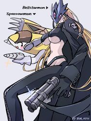  beelstarmon black_coat black_pants blonde_hair breasts character_name closed_eyes coat crop_top digimon digimon_(creature) dual_wielding eye_mask female glint gun highres holding holding_gun holding_weapon large_breasts long_hair looking_at_viewer multiple_barrel_gun nagoshi navel non-humanoid_robot pants purple_eyes robot robot_animal simple_background slit_pupils smile sparrowmon third_eye twitter_username underboob weapon white_background 