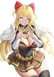  absurdres armor black_shirt black_thighhighs bow breasts brown_skirt cleavage cleavage_cutout clothing_cutout commentary cowboy_shot female genetic_(ragnarok_online) glasses grey_eyes grin hairbow heart heart_hands highres large_breasts long_hair looking_at_viewer miniskirt pauldrons ragnarok_online red-framed_eyewear red_bow sanonoreku_rlo shirt shoulder_armor simple_background skirt smile solo symbol-only_commentary teeth thighhighs two_side_up vambraces white_background 