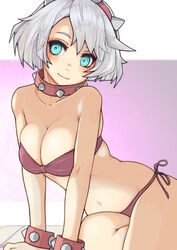  absurdres ahoge bikini blue_eyes bob_cut bracelet breasts collar elphelt_valentine female grey_hair guilty_gear guilty_gear_strive hairband highres jewelry large_breasts pink_bikini pink_hairband short_hair solo spiked_bracelet spiked_collar spiked_hairband spikes sugajyun swimsuit white_hair 