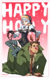  1boy all_fours antlers black_gloves black_skirt black_vest brown_hair christmas coat cosplay dick_gumshoe dreaminerryday female gloves green_coat grey_hair gyakuten_saiban hat highres horizontal-striped_thighhighs horns jewelry karuma_mei looking_at_viewer miniskirt necktie puffy_sleeves reindeer_antlers rudolph_the_red_nosed_reindeer rudolph_the_red_nosed_reindeer_(cosplay) santa_hat short_hair sitting sitting_on_person skirt smile striped_clothes striped_thighhighs sweatdrop thighhighs vest whip 