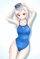  anon. blonde_hair blue_one-piece_swimsuit competition_swimsuit female grey_hat hat headgear highres holding holding_own_hair kantai_collection long_hair massachusetts_(kancolle) multicolored_hair one-piece_swimsuit red_eyes red_hair simple_background solo standing streaked_hair swimsuit thigh_gap white_background 