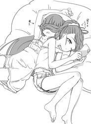  2girls ;o bare_legs barefoot cellphone commentary covered_eyes crop_top dress fukuyama_mai greyscale hair_over_eyes holding holding_phone idolmaster idolmaster_cinderella_girls legs_folded long_hair lying monochrome multiple_girls nishino_hikoji on_back on_side one_eye_closed phone ponytail sajo_yukimi shorts sleeveless sleeveless_dress straight_hair translated very_long_hair 