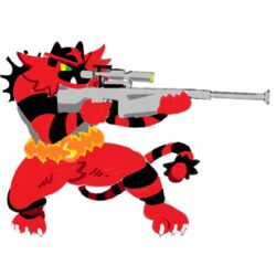  1:1 absurd_res anthro arm_tuft bent_legs black_body black_fur bright_colors caimanresurgunt claws crotch_tuft eyebrows feet fire fur generation_7_pokemon green_eyes gun hi_res holding_object holding_weapon incineroar male muscular muscular_male nintendo nude pokemon pokemon_(species) ranged_weapon red_body red_fur red_nose rifle shoulder_tuft smile smirk sniper_rifle solo tail teeth text tuft weapon white_claws yellow_sclera 