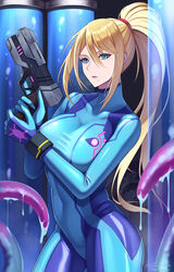  blonde_hair blue_bodysuit blue_eyes bodysuit breasts covered_navel cowboy_shot female gun hair_between_eyes high_ponytail highres holding holding_gun holding_weapon kutsuda_miru large_breasts long_hair looking_at_viewer metroid mole mole_under_mouth monster parted_lips plasma_pistol ponytail saliva samus_aran skin_tight solo_focus stasis_tank tentacle trigger_discipline very_long_hair weapon zero_suit 