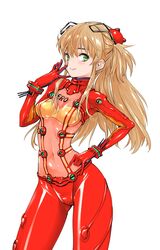  azusagawa_tsukino bodysuit bra breasts commentary_request cosplay covered_navel cowboy_shot evangelion:_2.0_you_can_(not)_advance female gloves green_eyes hair_between_eyes hairpods hashiguchi_takashi highres interface_headset light_brown_hair long_hair look-alike looking_at_viewer neon_genesis_evangelion plugsuit rebuild_of_evangelion red_bodysuit simple_background skin_tight small_breasts smile solo souryuu_asuka_langley souryuu_asuka_langley_(cosplay) test_plugsuit underwear white_background yakitate!!_japan 