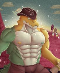  abs ambient_among_us anthro bottomwear clothing cowboy_hat crocodile crocodilian crocodylid duckaphion glitch_productions green_body gummigoo_(tadc) hat headgear headwear hi_res male muscular muscular_male nipples pants pecs reptile scalie solo the_amazing_digital_circus yellow_body 