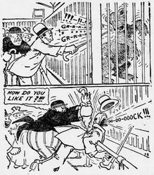  1907 20th_century a.d._condo ambiguous_gender ancient_art bear black_and_white cage cane claws clothed clothing everett_true female feral frown fully_clothed fur growling hat headgear headwear hi_res hitting_another human looking_at_another male mammal monochrome open_mouth outside pain screaming smile speech_bubble umbrella vivarium zoological_gardens 