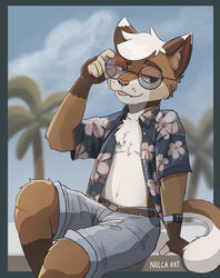  absurd_res aloha_shirt anthro apple_inc. apple_watch beach blep body_hair bottomwear chest_hair clock clothed clothing cute_fangs digital_media_(artwork) domestic_cat eyewear felid feline felis gesture glasses gradient_background hair hi_res hybrid male mammal nelca nelcaart open_clothing open_shirt open_topwear palm_tree pattern_clothing pattern_shirt pattern_topwear plant shirt shorts simple_background sitting sky solo suggestive suggestive_gesture sunglasses tail tongue tongue_out topwear tree watch 