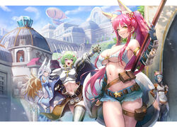  4girls :3 aircraft alty_(ragnarok_online) animal_ears apron armor axe back_bow bell belt belt_buckle bikini bikini_top_only black_belt black_thighhighs blue_dress blue_gloves blue_shorts blue_sky blush boobplate bow breasts brown_belt brown_cape brown_dress brown_skirt buckle building bun_cover cape cleavage clipboard cloud commentary cowboy_shot cross day dirigible double_bun dress elbow_gloves english_commentary fingerless_gloves fox_ears gauntlets gloves green_hair grin hair_bell hair_bun hair_ornament hair_ribbon heart heart_hair_ornament high_ponytail high_priest_(ragnarok_online) holding holding_axe holding_clipboard jingle_bell juliet_sleeves kafra_uniform large_breasts leg_armor long_hair long_sleeves looking_at_viewer maid_headdress medium_bangs metaling midriff multiple_girls navel outdoors paladin_(ragnarok_online) pauldrons pink_eyes pink_hair pouch puffy_sleeves ragnarok_online red_ribbon ribbon sanonoreku_rlo short_hair short_shorts shorts shoulder_armor skirt sky slime_(creature) smile star_(symbol) swimsuit thighhighs torn_clothes torn_shorts underboob vambraces waist_cape white_apron white_bikini white_bow white_hair whitesmith_(ragnarok_online) yellow_eyes 