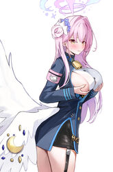  absurdres ako_(blue_archive) ako_(blue_archive)_(cosplay) alternate_costume bell black_garter_straps black_skirt blue_archive blue_jacket blush breast_hold breasts commentary cosplay dana_(hapong07) feathered_wings female garter_straps hair_bun halo highres jacket large_breasts long_hair looking_at_viewer looking_to_the_side mika_(blue_archive) miniskirt neck_bell pink_armband pink_hair shirt sideboob sideless_shirt simple_background single_side_bun skirt solo sweatdrop very_long_hair white_background white_shirt white_wings wings 