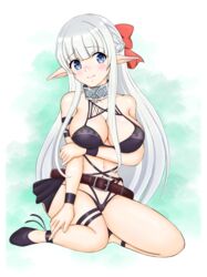  absurdres arm_under_breasts belt blue_eyes blush bondage_outfit braid breasts closed_mouth collar elf eyebrows_hidden_by_hair female full_body hair_between_breasts hair_between_eyes hair_ribbon highres large_breasts large_ribbon long_hair looking_at_viewer maou_no_ore_ga_dorei_elf_wo_yome_ni_shitanda_ga_dou_medereba_ii? metal_collar nephelia pointy_ears red_ribbon ribbon simple_background sitting smile solo user_nxrh7488 very_long_hair white_hair 