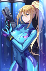  blonde_hair blue_bodysuit blue_eyes bodysuit breasts covered_navel cowboy_shot female gun hair_between_eyes high_ponytail highres holding holding_gun holding_weapon kutsuda_miru large_breasts long_hair looking_at_viewer metroid mole mole_under_mouth parted_lips plasma_pistol ponytail samus_aran skin_tight solo stasis_tank trigger_discipline very_long_hair weapon zero_suit 