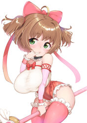  alternate_breast_size antenna_hair ass between_thighs black_choker blush bow breasts brown_hair cardcaptor_sakura choker curvy dress female finger_to_mouth frilled_choker frilled_leotard frilled_thighhighs frills green_eyes hairbow highres huge_ass huge_breasts kinomoto_sakura leotard magical_girl oppai_loli pink_bow pink_thighhighs pinky_to_mouth short_hair shousan_bouzu solo thighhighs wand white_background 