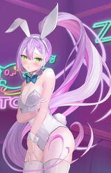  774norango absurdres animal_ears bandaid bandaid_on_arm bare_shoulders bibi_(tokoyami_towa) black_leotard blue_bow blue_bowtie blush bow bowtie braid breasts cleavage colored_inner_hair couch detached_collar ear_piercing fake_animal_ears fake_tail female gradient_hair green_eyes hair_ornament highleg highleg_leotard highres hololive leotard long_hair looking_at_viewer multicolored_hair neon_lights piercing pink_hair playboy_bunny purple_hair rabbit_ears rabbit_tail single_braid small_breasts solo strapless strapless_leotard streaked_hair tail thighhighs tokoyami_towa tokoyami_towa_(5th_costume) traditional_bowtie virtual_youtuber white_hair white_leotard white_thighhighs wrist_cuffs 