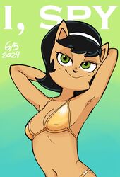  2024 accessory anthro arms_bent big_eyes big_iris bikini black_eyebrows black_hair black_nose blush blush_lines breasts closed_smile clothed clothed_anthro clothed_female clothing curved_eyebrows dark_hair dark_nose dated dbaru digital_drawing_(artwork) digital_media_(artwork) domestic_cat english_text eyebrows eyelashes felid feline felis female front_view fur glistening glistening_bikini glistening_clothing glistening_eyes glistening_swimwear gold_bikini gold_clothing gold_swimwear golden_week gradient_background green_eyes hair hair_accessory hairband half-length_portrait hands_behind_head hi_res iris kitty_katswell light_body light_breasts light_ears light_fur looking_at_viewer mammal medium_breasts monotone_body monotone_fur monotone_hair mouth_closed navel nickelodeon pinup portrait pose prick_ears pupils short_hair simple_background small_nose smile smiling_at_viewer solo swimwear t.u.f.f._puppy tan_body tan_breasts tan_ears tan_fur text white_hairband white_text 