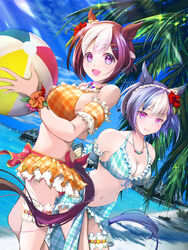  2girls alternate_costume animal_ears ball beach beachball bikini blush braid breasts brown_hair cesario_(umamusume) cleavage collarbone crown_braid flower hair_between_eyes hair_flower hair_ornament highres horse_ears horse_girl jewelry looking_at_viewer medium_breasts medium_hair multiple_girls necklace ocean open_mouth palm_tree purple_eyes saca110 sky special_week_(hopping_vitamin_heart)_(umamusume) special_week_(umamusume) swimsuit tree umamusume 