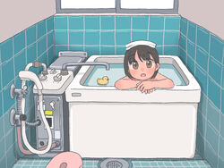  bath_stool bathing bathroom bathtub black_hair brown_eyes drain_(object) faucet female hare_(tsooy18pjwdw21h) indoors looking_at_viewer open_mouth original partially_submerged rubber_duck short_hair shower_head solo stool tile_floor tile_wall tiles towel towel_on_head water water_heater window 