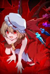  ascot blonde_hair crystal_wings dress female flandre_scarlet from_above highres oerba_yun_fang open_mouth red_dress red_eyes short_hair single_bare_shoulder skin_fang solo tanigawa_kent touhou touhou_gensou_eclipse white_mob_cap yellow_ascot 