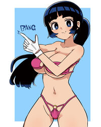  bikini black_eyes black_hair blue_background blue_eyes breasts choujun!_choujou_senpai female finger_gun gloves gradient_eyes gradient_hair highres ippongi_nao large_breasts long_hair migi_(wcfh8838) multicolored_eyes multicolored_hair navel o-ring own_hands_together pink_bikini ponytail smile solo sound_effects standing swimsuit very_long_hair white_gloves 