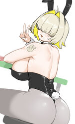  :3 ahoge animal_ears arm_on_table arm_tattoo armpit_crease ass bare_arms bare_back bare_shoulders black_hairband black_leotard blush breasts colored_inner_hair commentary_request covered_eyes cowboy_shot dutch_angle elegg_(nikke) facing_viewer fake_animal_ears fake_tail female from_behind goddess_of_victory:_nikke grey_pantyhose hair_intakes hair_over_eyes hairband hand_up hara_(k_hara17) highres large_breasts leotard multicolored_hair on_stool pantyhose parted_lips playboy_bunny poker_chip rabbit_ears rabbit_tail rabbit_tattoo short_hair shoulder_blades simple_background sitting smile solo stool strapless strapless_leotard table tail tattoo two-tone_hair v white_background wrist_cuffs zipper zipper_pull_tab 