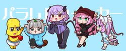  1boy 4girls :3 @_@ absurdres animal_bag animal_ear_headwear animal_ears arms_up backpack bag bald black_bodysuit black_eyes black_footwear black_jacket black_shirt black_skirt blue_hoodie blue_jacket bodysuit boots briefs cabbie_hat cheering chibi clenched_hands colored_inner_hair colored_skin demon_tail fairys_(vtuber) frilled_hairband frills grabbing_another&#039;s_tail green_eyes grey_eyes grey_hair gym_shorts hair_ornament hairband hat headphones headphones_around_neck highres holding holding_megaphone hood hoodie horns indie_virtual_youtuber jacket kobachi_k_88 leaf leaf_on_head leaning_forward lineup long_hair long_sleeves male_underwear megaphone mimic_(vtuber) mochi_hiyoko mochipro mode_aim multicolored_clothes multicolored_hair multicolored_jacket multiple_girls neckerchief nervous_smile on_one_knee open_mouth peanuts-kun pink_hair pink_jacket ponpoko_(vtuber) purple_hair purple_jacket raccoon_ears raccoon_girl raccoon_tail red_eyes red_neckerchief shirt short_hair shorts skirt smile split-color_clothes sweat tail tail_grab topless_male track_jacket twintails two-tone_jacket two_side_up underwear underwear_only v-shaped_eyebrows virtual_youtuber walking white_male_underwear wide_sleeves x_hair_ornament yellow_skin 