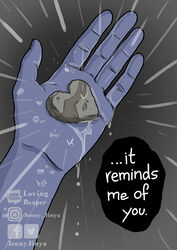  5_fingers blue_hand dialogue female fingers heart_symbol humanoid jenny_jinya life_(jenny_jinya) loving_reaper object_in_hand offscreen_character open_hand outside raindrops rock solo spirit wet wet_hand 