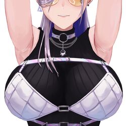  absurdres armpits blue_hair breasts colored_inner_hair commentary earrings female grey_hair hashtag-only_commentary head_out_of_frame highres hololive hololive_indonesia jewelry large_breasts multicolored_hair necklace official_alternate_costume orange-tinted_eyewear otapic parted_lips pavolia_reine pavolia_reine_(streetwear) presenting_armpit round_eyewear simple_background smile solo sunglasses tinted_eyewear upper_body virtual_youtuber white_background 