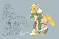  2019 3_toes 5_fingers anthro bone_club clothing coat dnd_homebrew feathers feet female fingers flat_chested fur green_sclera grey_background hi_res horn knife_on_arm knife_on_leg kobold leaning_on_object parka pupils rezzic scales scalie simple_background smile solo standing sweetcreamarts tabard tail teeth toes topwear yellow_body yellow_eyes yellow_scales 