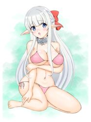  absurdres arm_under_breasts bikini blush braid breasts collar elf eyebrows_hidden_by_hair female full_body hair_between_breasts hair_between_eyes hair_ribbon highres large_breasts large_ribbon long_hair looking_at_viewer maou_no_ore_ga_dorei_elf_wo_yome_ni_shitanda_ga_dou_medereba_ii? metal_collar nephelia open_mouth pink_bikini pointy_ears red_ribbon ribbon simple_background sitting smile solo swimsuit user_nxrh7488 very_long_hair white_hair 