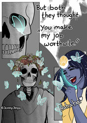  animated_skeleton arthropod bone butterfly cloak closed_eyes clothing death_(personification) decayed dialogue female feral fist flower flower_crown group happy heart_symbol hood hood_down humanoid insects jenny_jinya lepidopteran life_(jenny_jinya) loving_reaper male open_mouth plant robe skeleton soul spirit starry_hair trio undead 