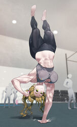  702_96 abs absurdres armpits bare_arms barefoot black_leggings blonde_hair blurry blurry_background breasts cleavage commission feet female full_body handstand highres inuyama_aoi leggings legs legs_up lights looking_at_viewer muscular muscular_female one_arm_handstand people pixiv_commission shaded_face solo_focus sports_bra sportswear thick_eyebrows yellow_eyes yurucamp 