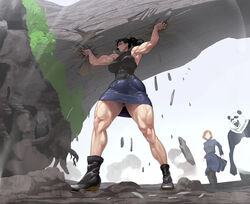  1boy 2girls 702_96 abs absurdres animal_costume arms_up bare_arms bare_legs black_footwear black_hair blue_dress boots breasts brown_eyes carrying_overhead debris dress full_body grass highres jujutsu_kaisen kugisaki_nobara lips log multiple_girls muscular muscular_female overhead panda_(jujutsu_kaisen) panda_costume pantyhose plant_roots ponytail shaded_face shiny_clothes simple_background skin_tight surprised thighs tree walking white_background zen&#039;in_maki 