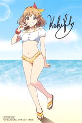  absurdres artist_name bare_shoulders beach bikini bikini_under_clothes blonde_hair blue_sky bracelet breasts brown_eyes checkered_bikini checkered_clothes cloud crop_top day earrings female flip-flops hair_ornament highres jewelry k-on! k-on!_shuffle kakifly leg_up lens_flare looking_at_viewer medium_breasts medium_hair muffin_top nail_polish navel non-web_source ocean off-shoulder_shirt off_shoulder official_art outdoors sakuma_yukari sand sandals scan shirt signature sky smile solo stomach sunlight swimsuit teeth v water 