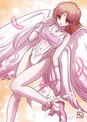  angel_leotard angel_wings artist_logo breasts brown_eyes clothing_cutout dragon_quest dragon_quest_dai_no_daibouken feathers feet_out_of_frame female highres howahowa leotard medium_breasts navel_cutout orange_eyes pink_footwear princess_leona solo two-tone_leotard white_leotard wings 