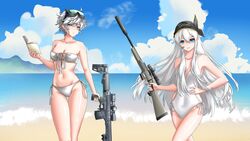  2girls absurdres ahomushi994 beach bikini blue_eyes girls&#039;_frontline grey_hair gun headband highres long_hair multiple_girls one-piece_swimsuit rifle self-upload short_hair sniper_rifle svch_(girls&#039;_frontline) swim_goggles swimsuit weapon xm3_(girls&#039;_frontline) yellow_eyes 