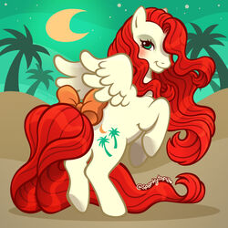  1:1 2024 accessory artist_name blush bow_ribbon closed_smile colored cutie_mark digital_drawing_(artwork) digital_media_(artwork) equid equine eyelashes feathered_wings feathers female feral fur furgonomics green_eyes green_sky hair hasbro hi_res hooves long_hair long_mane long_tail mammal mane mlp_g1 moon mouth_closed my_little_pony mythological_creature mythological_equine mythology night on_hind_legs orange_bow outside palm_tree paradise_(mlp) pegasus plant quadruped red_hair red_mane red_tail ribbons sand shaded side_view simple_shading sky smile solo sparkytopia star starry_sky tail tail_accessory tail_bow tail_ribbon tan_body tan_feathers tan_fur tan_hooves tan_wings tree wings 