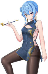  alternate_costume blue_eyes blue_hair blue_nails blush breasts brown_pantyhose china_dress chinese_clothes closed_mouth commentary covered_navel cowboy_shot dangle_earrings dragon_print dress earrings female gold_earrings hair_bun highres hiiragi_melt holding holding_smoking_pipe hololive hoshimachi_suisei jewelry pantyhose short_dress simple_background sleeveless sleeveless_dress small_breasts smoking_pipe solo virtual_youtuber white_background 