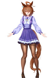  absurdres agnes_tachyon_(umamusume) ahoge animal_ears black_pantyhose bow brown_footwear brown_hair commentary_request earrings female full_body hair_between_eyes highres horse_ears horse_girl horse_tail jewelry loafers long_sleeves looking_at_viewer manu_lee messy_hair pantyhose pleated_skirt purple_shirt purple_skirt red_eyes sailor_collar school_uniform shirt shoes short_hair simple_background single_earring skirt smile solo standing tail tracen_school_uniform umamusume white_background white_bow winter_uniform 