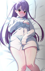  3: absurdres bed blush borrowed_clothes bra_visible_through_clothes closed_mouth collared_shirt commentary_request dress_shirt feet_out_of_frame female highres kaede_tomomi long_hair long_sleeves looking_at_viewer lying on_back on_bed panties purple_hair raramagi red_eyes see-through shirt solo thighs underwear very_long_hair white_shirt zanpon 