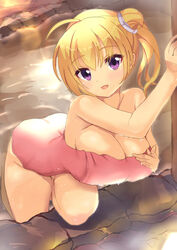  :d ahoge arm_up bare_arms bare_shoulders blonde_hair blush breasts cleavage commentary curvy eyes_visible_through_hair female hair_between_eyes hair_bun hand_on_own_chest highres huge_breasts leaning_forward lena_liechtenauer looking_at_viewer medium_hair naked_towel nowa2109 onsen open_mouth pink_towel purple_eyes senren_banka side_ponytail single_side_bun smile solo towel water wet 