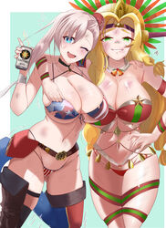  2girls absurdres american_flag american_flag_bikini american_flag_print asymmetrical_hair aztec bikini black_santa_costume blue_kimono breasts chin_piercing chonmage cosplay fate/grand_order fate_(series) fish_(food) flag_print fur-trimmed_bikini fur_trim grilled_fish hair_bun hanging_light headdress highres japanese_clothes kimono magatama mixer_(cooking) miyamoto_musashi_(fate) miyamoto_musashi_(swimsuit_berserker)_(fate) multiple_girls pink_hair potato_wedges print_bikini quetzalcoatl_(fate) quetzalcoatl_(samba_santa)_(fate) quetzalcoatl_(samba_santa)_(fate)_(cosplay) roast_beef santa_bikini santa_costume serving shokobr short_kimono single_side_bun single_sidelock sleeveless sleeveless_kimono snowflake_background stew swept_bangs swimsuit topknot veins veiny_breasts 