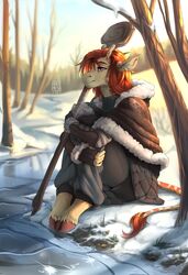  2024 akipesa anthro clothing digital_media_(artwork) digital_painting_(artwork) female fingerless_gloves giraffe giraffid gloves handwear hi_res hoodie hooves horn ice jacket legend_of_ahya mammal marle_talbender_(darkflamewolf) plant river sitting sitting_on_ground snow solo staff topwear tree water winter winter_clothing winter_coat 