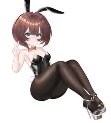  absurdres animal_ears black_leotard black_suit blue_eyes blush brown_hair female goddess_of_victory:_nikke happy high_heels highres leotard mica_(nikke) pantyhose playboy_bunny rabbit_ears sitting strapless strapless_leotard suit thighs v 