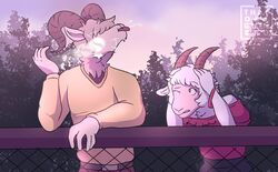  2_horns angora_goat anthro ball baseball_(ball) beastars bovid caprine chain-link_fence clothed clothing dall_sheep domestic_goat ducking duo els_(beastars) female fence fur goat hand_on_head hi_res hit_by_object hit_in_face horn male mammal one_eye_closed pina_(beastars) sheep sky that1greenbro tongue tongue_out white_body white_fur 