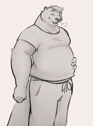  2022 anthro belly biped bottomwear closed_eyes clothing digital_drawing_(artwork) digital_media_(artwork) eyebrows fur greyscale hair male mammal monochrome mosin mosin_(character) mustelid open_mouth otter overweight overweight_anthro overweight_male pants shirt sigh simple_background smile solo standing sweatpants t-shirt tail topwear white_background 