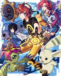  2boys agumon aiba_takumi black_gloves black_hair black_shirt black_thighhighs blue_camisole blue_eyes breasts camisole carrying cleavage colored_skin cross-laced_clothes digimon digimon_(creature) digimon_story:_cyber_sleuth female gabumon garter_straps gears gloves goggles goggles_on_head green_skin hagurumon highres hood hooded_jacket horns jacket keramon medium_breasts medium_hair multiple_boys palmon pants pink_jacket plant pu_lyong red_hair reptile sanada_arata sharp_teeth shiramine_nokia shirt short_hair sideless_outfit single_horn spaghetti_strap teeth terriermon thighhighs twintails white_jacket yellow_pants 