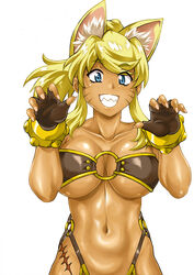  absurdres animal_ear_fluff animal_ears bare_shoulders belt_bra blonde_hair blue_eyes breasts brown_gloves claw_pose collarbone commentary_request dark-skinned_female dark_skin extra_ears facial_mark female fingerless_gloves fingernails gloves grin hands_up highres large_breasts liru long_hair looking_at_viewer manabe_jouji navel o-ring o-ring_bottom o-ring_top ponytail renkin_san-kyuu_magical_pokaan scar_on_hip sharp_teeth simple_background smile solo stomach teeth underboob upper_body whisker_markings white_background wolf_ears wolf_girl 